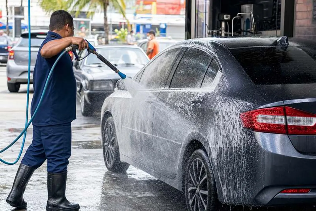 Lavagem de carro em lava-rápido na Bela Vista, funcionário aplicando espuma em sedan